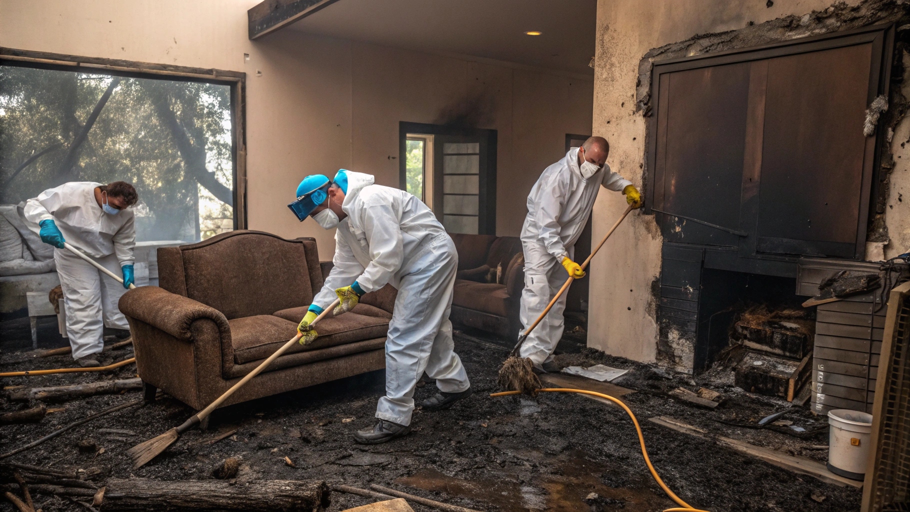 men cleaning fire damage from house