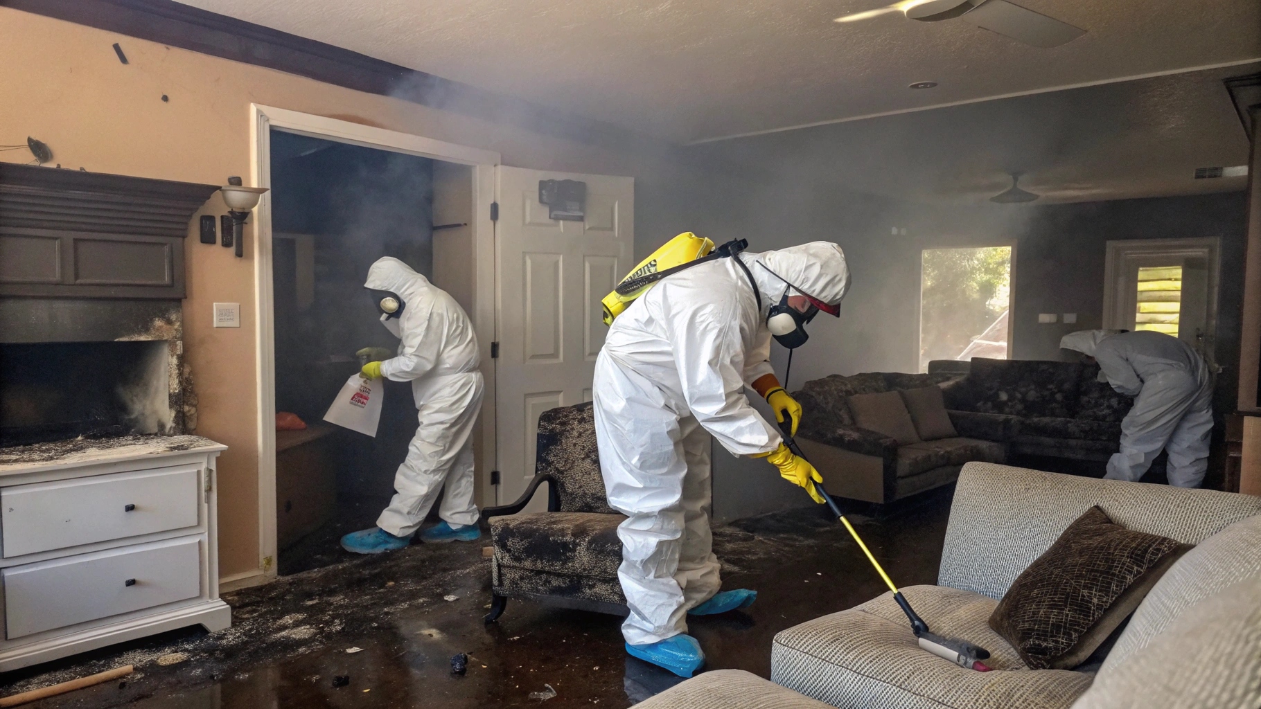 men cleaning smoke from house