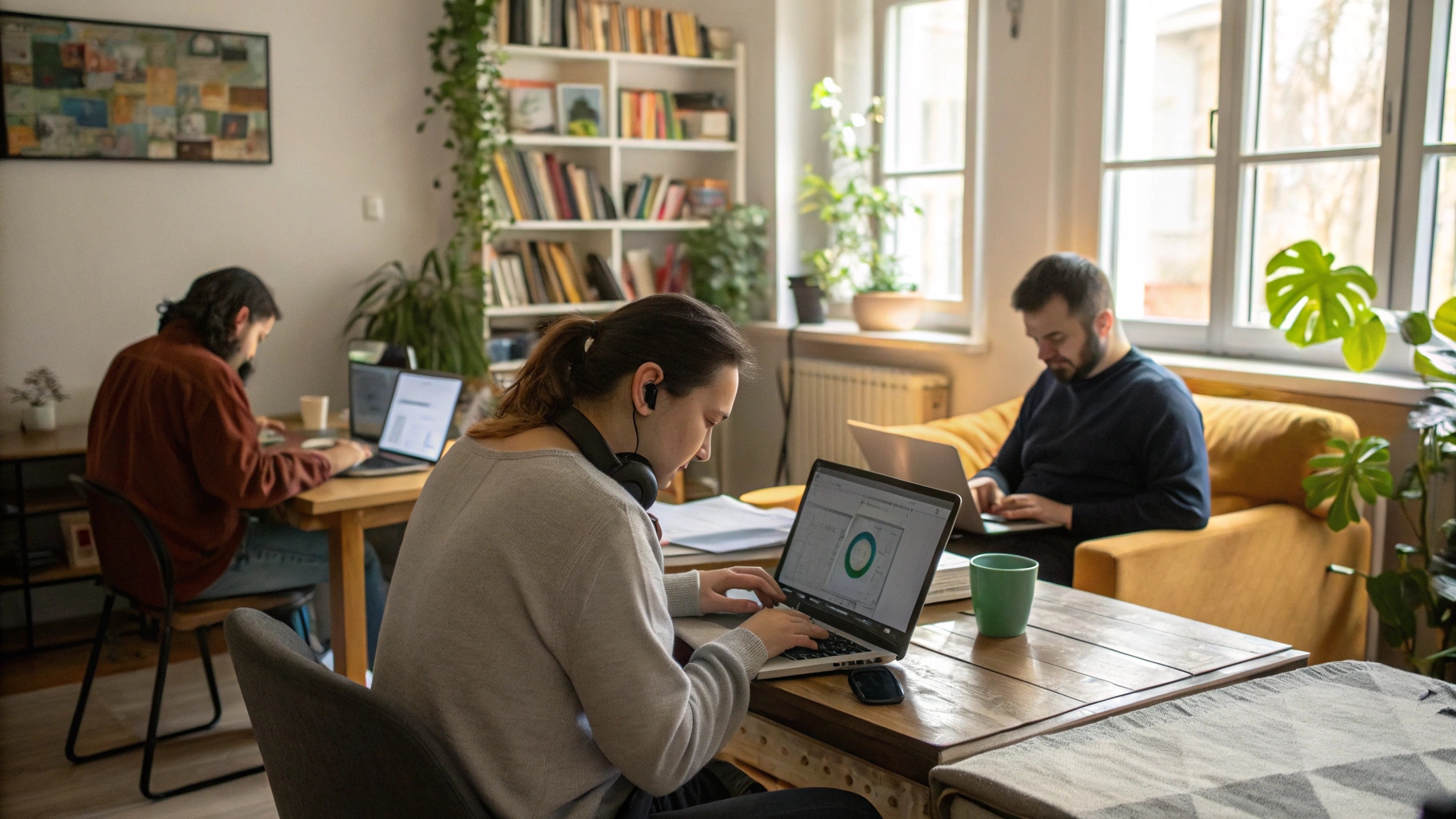 Three remote employees work on laptops in a cozy, well-lit home office with plants, bookshelves, and natural light streaming through large windows.
