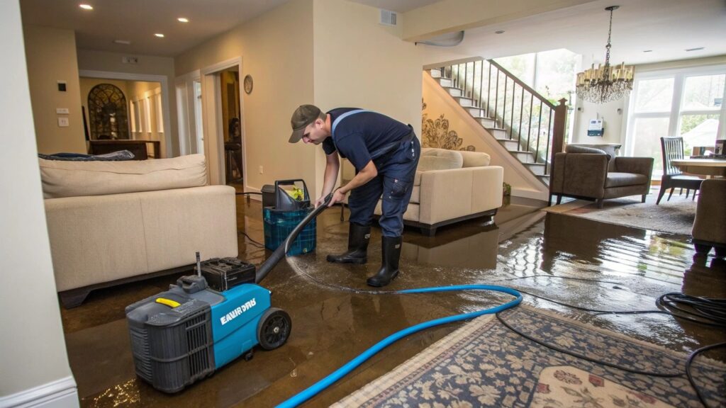 A professional technician uses a water extraction machine to remove standing water from a flooded living room with sofas, a rug, and a staircase in the background.