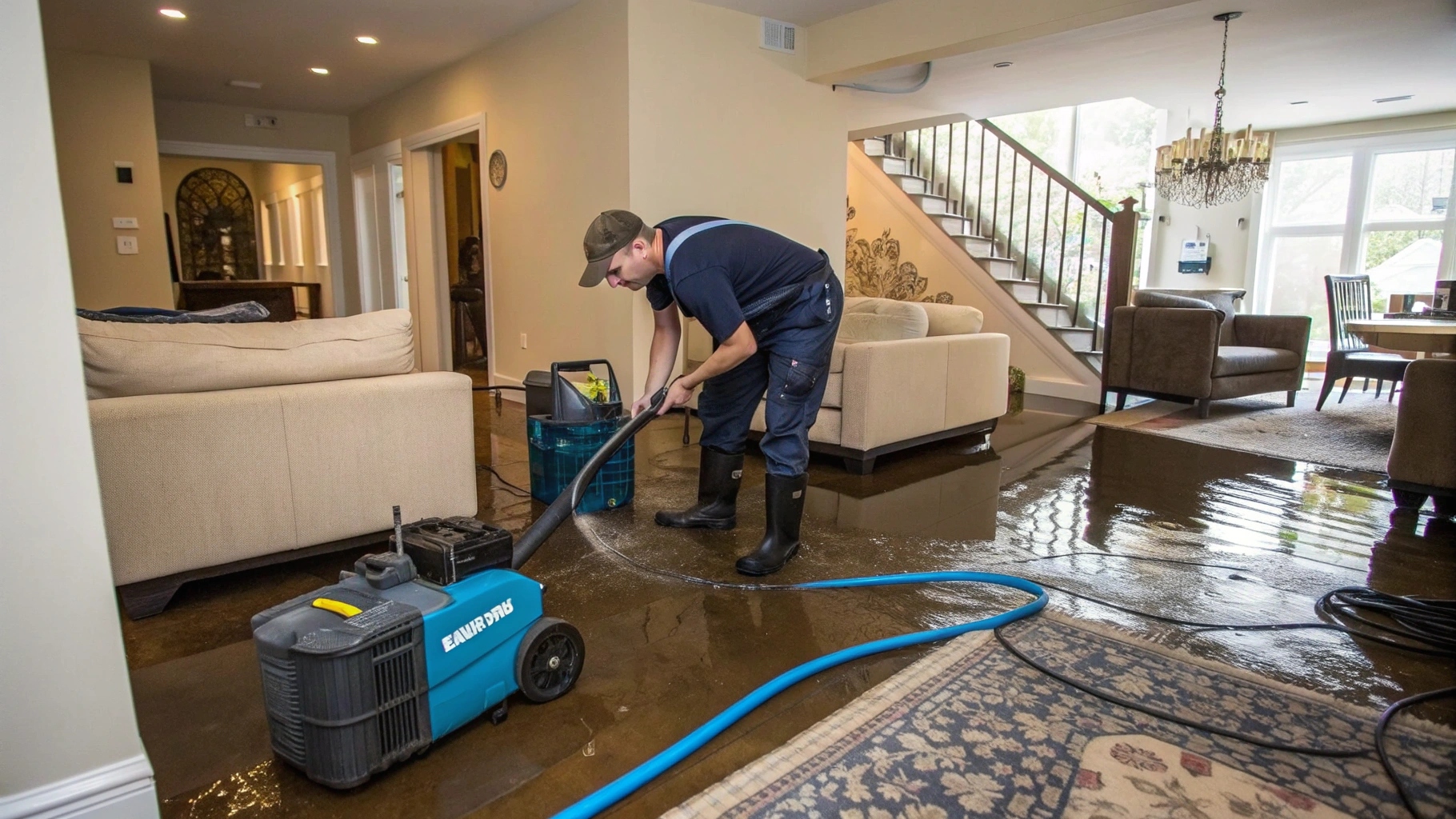 A professional technician uses a water extraction machine to remove standing water from a flooded living room with sofas, a rug, and a staircase in the background.