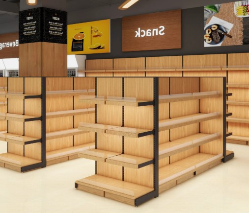 Empty supermarket racks in a mall.